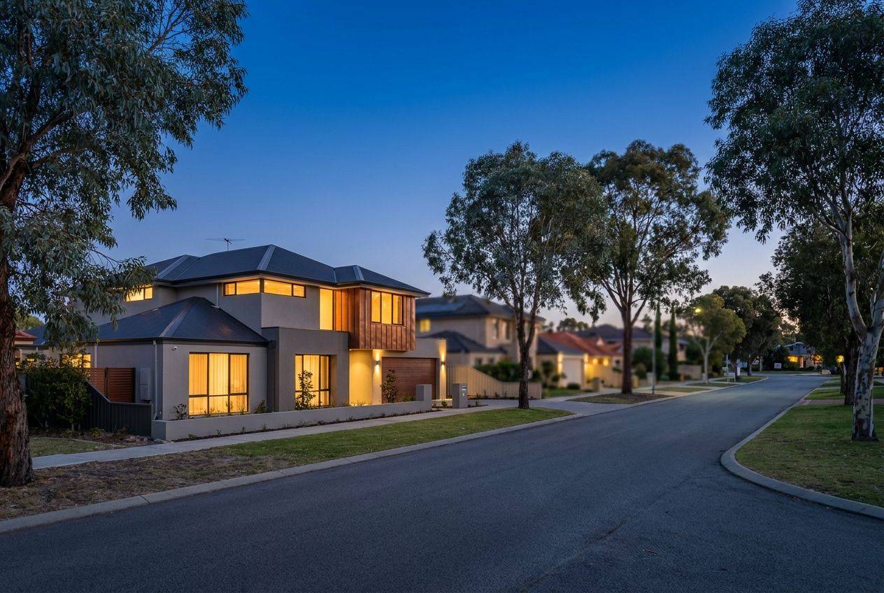 A Perth northern-suburbs home at dusk with warm interior lighting, the kind of street Copperjack works daily
